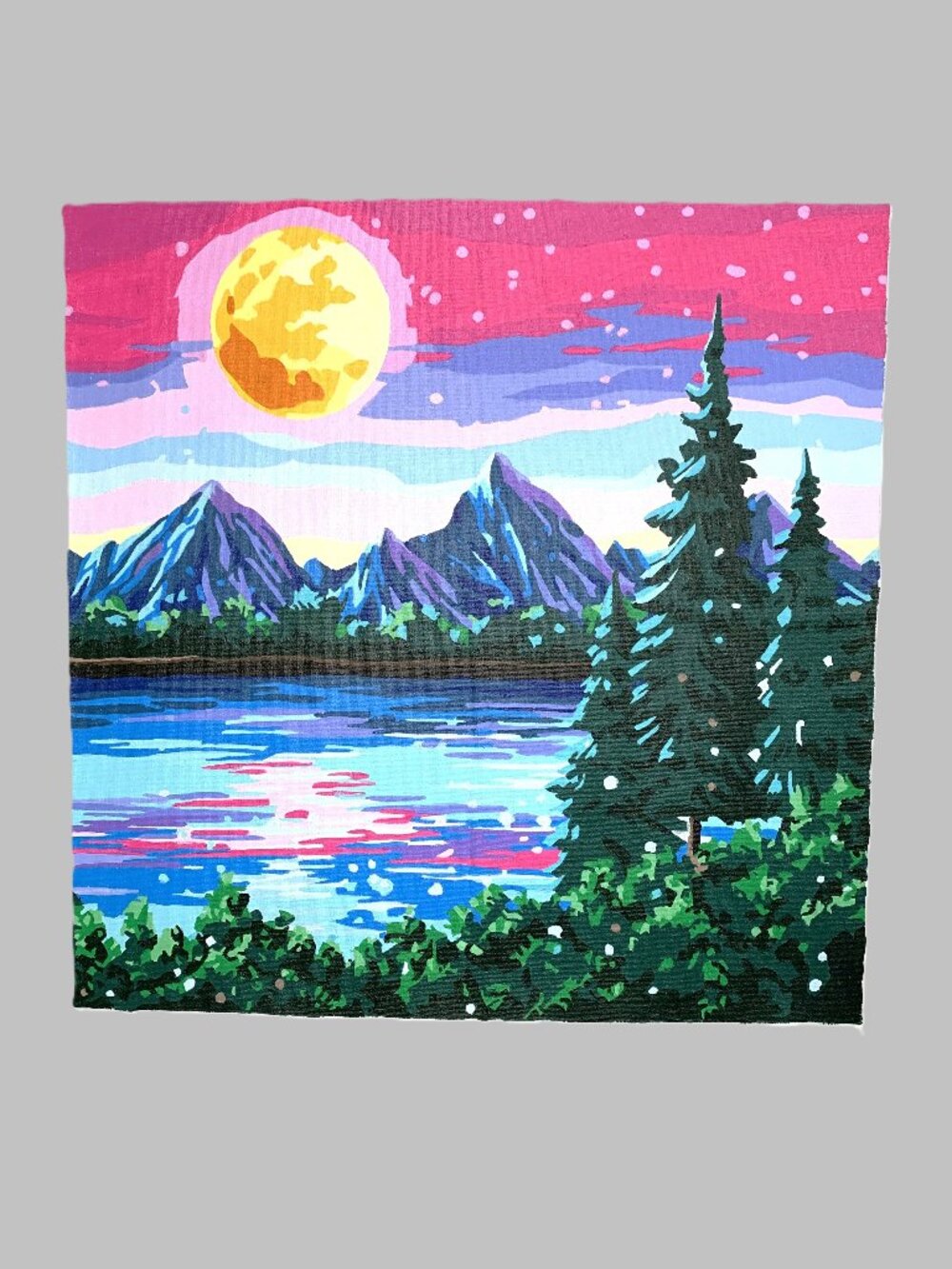 Moonlit Mountain Landscape Paint-by-Number Artwork Completed. Unframed. 15X15 in